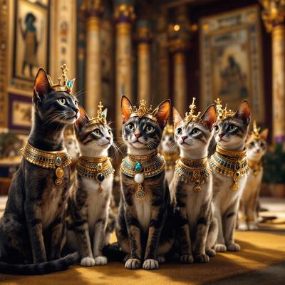 The primary subject of the image is a group of cats wearing crowns and standing together. They are all dressed in gold and blue, giving them a regal appearance. The setting is a room with a wall that features a painting of a cat. The visual style of the image is a combination of photo and digital art, creating a unique and eye-catching scene. The colors and mood of the image are predominantly gold and blue, giving it a warm and elegant atmosphere.